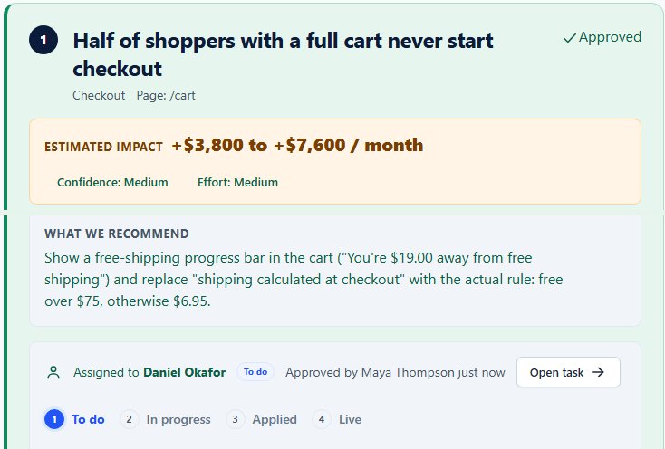 Illustrative suggestion after the owner approved it: marked Approved, estimated impact $3,800 to $7,600 per month, assigned to a developer.