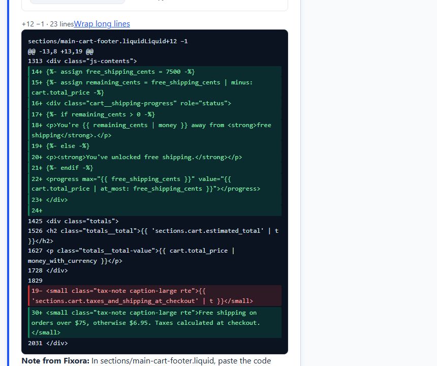 Illustrative code change for sections/main-cart-footer.liquid that adds a free-shipping progress bar and replaces the shipping note. Added lines are green and the removed line is red.